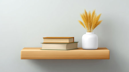 A stylish minimalist shelf featuring stacked books and a vase of dried flowers, perfect for enhancing home or office decor with a modern touch and calming atmosphere.の素材