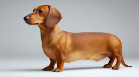 A delightful dachshund stands gracefully in a studio, showcasing its smooth coat and attentive expression, making it an ideal image for pet enthusiasts and animal photography projects.の素材
