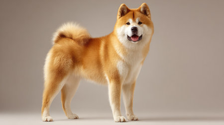 A stunning Akita dog stands confidently, showcasing its beautiful coat in a serene studio setting, radiating loyalty and charm while embodying the perfect companion for any family.の素材