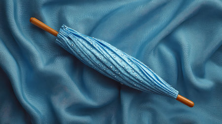 A beautifully crafted blue umbrella rests on a textured fabric background, showcasing its elegant design and functionality as a stylish accessory for rainy days.の素材