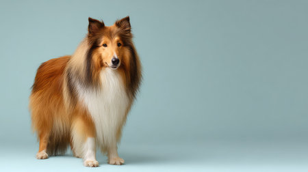 A beautiful collie dog poses elegantly against a soft blue backdrop, highlighting its stunning coat and gentle demeanor, ideal for pet lovers and dog enthusiasts alike.の素材