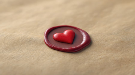 A close-up of a red wax seal featuring a heart symbol on warm textured paper, ideal for conveying love and creativity in letters or gift presentations.の素材