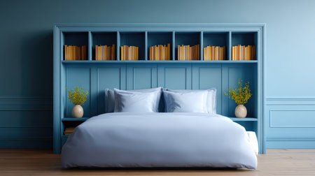 A serene modern bedroom featuring a calming blue color scheme, stylish bookshelves filled with books, and decorative plants that enhance the peaceful atmosphere.の素材