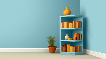 A stylish shelf in a bright blue room showcases colorful books, a potted plant, and a cheerful vase, creating a warm and inviting corner ideal for relaxation or reading.の素材