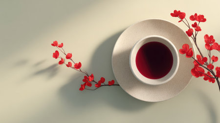 A serene composition featuring a white cup filled with red beverage and delicate red flower branches, perfect for conveying tranquility and elegance in your design projects.の素材