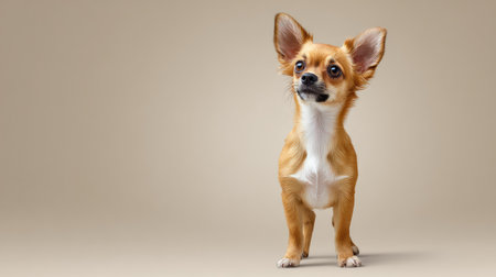 This charming Chihuahua showcases an alert and playful demeanor, perfect for projects focusing on pets and companionship. The soft background complements its vibrant fur.の素材