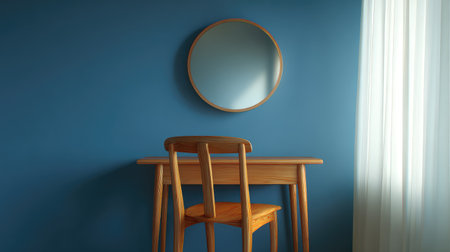 A serene minimalist interior featuring a wooden table and chair against a calming blue wall, complemented by a round mirror and soft light from sheer curtains.の素材