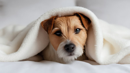 A charming small dog wrapped in a soft white blanket, radiating a sense of tranquility and comfort, perfect for showcasing the bond between pets and their owners.の素材