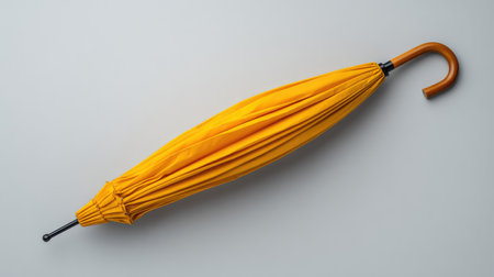 A vibrant yellow umbrella with a wooden handle rests elegantly on a smooth gray background, ideal for themes related to rain, fashion, and outdoor style photography.の素材