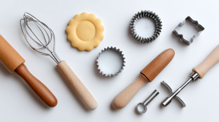 A variety of baking tools and cookie cutters arranged neatly on a white surface, ideal for culinary creatives looking to enhance their baking experience and create delightful pastries.の素材