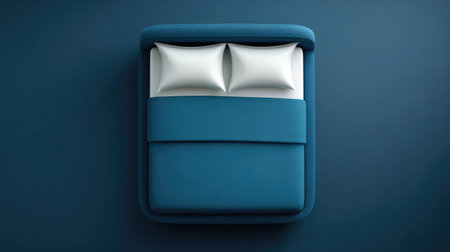 A modern blue bed with white pillows sits against a minimalist backdrop. Perfect for showcasing stylish bedroom decor and inspiring interior design ideas for cozy home environments.の素材