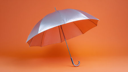 This visually striking silver umbrella stands out against an orange backdrop, embodying elegance and style while serving as a practical accessory for rainy days.の素材
