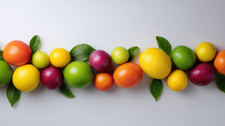 A visually appealing arrangement of colorful citrus fruits and green leaves, perfect for projects related to fresh produce, health, and vibrant culinary presentations.の素材