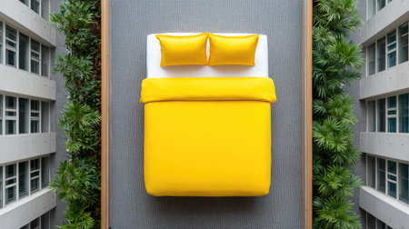A vibrant yellow bedding set rests on a clean white bed, surrounded by lush greenery, creating a fresh and inviting atmosphere perfect for modern home decor.の素材