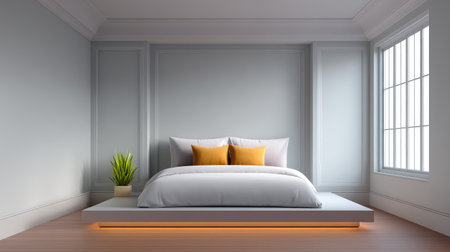 A serene and elegant bedroom featuring a modern bed, soft decorative pillows, and a natural plant, all set in a light and airy space for a cozy atmosphere.の素材
