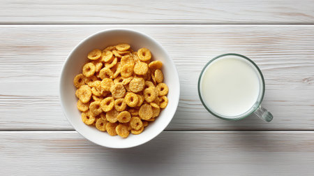 A delightful setting showcasing a bowl filled with crunchy cereal rings alongside a glass of milk, inviting a wholesome start to the day on a rustic wooden table.の素材
