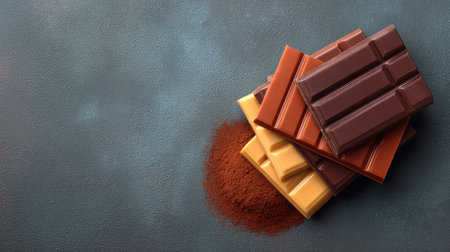 A collection of assorted chocolate bars accompanied by cocoa powder, showcasing a variety of textures and colors on a rustic surface, ideal for culinary projects and inspiring dessert creations.の素材