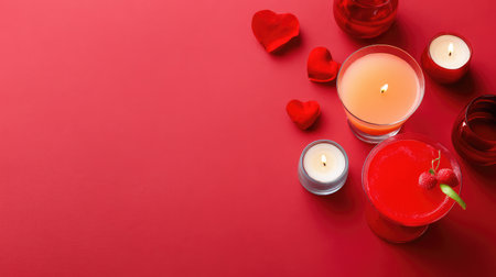 A visually striking arrangement featuring red candles, heart-shaped decorations, and delicious fruit cocktails, setting a romantic atmosphere for special occasions.の素材