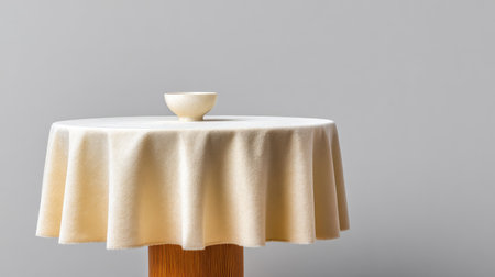 A minimalistic view of a dining table with a soft beige tablecloth and a simple bowl, set against a neutral gray backdrop, perfect for design and culinary themes.の素材