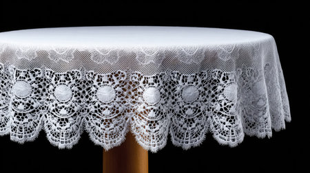 A stunning close-up of an elegant white lace tablecloth draping over a round wooden table against a sleek black background, perfect for highlighting home decor or event settings.の素材