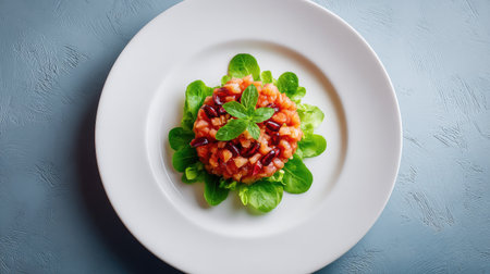 A beautiful vegetarian salad featuring beans and fresh greens, garnished with mint. Ideal for showcasing healthy eating and culinary creativity in any dining experience.の素材