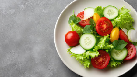A vibrant salad composed of fresh greens, juicy tomatoes, crunchy cucumbers, and colorful peppers, ideal for a healthy meal or vibrant food photography. Perfect for fresh diet choices.の素材