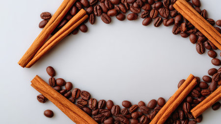 A captivating arrangement of coffee beans and cinnamon sticks on a light backdrop, creating a cozy ambiance perfect for culinary inspiration and delicious beverage presentations.の素材