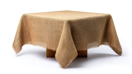 A rustic burlap tablecloth adds a natural touch to any setting, enhancing the atmosphere with its unique texture and charm, ideal for dining or event occasions.の素材