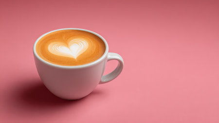 A captivating close-up of a white cup filled with creamy latte topped with heart-shaped foam art, elegantly set against a soft pink background for food photography lovers.の素材
