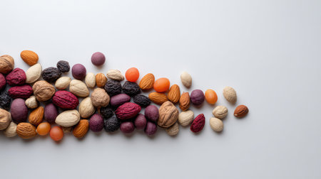 A visually appealing assortment of mixed nuts and dried fruits on a smooth surface highlights their rich textures and colors, ideal for promoting healthy eating and snack choices.の素材