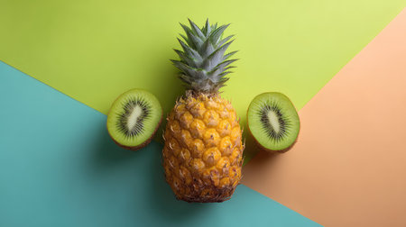 A vibrant pineapple surrounded by fresh kiwi halves set against a colorful geometric backdrop, perfect for food styling and composition in diverse culinary themes.の素材