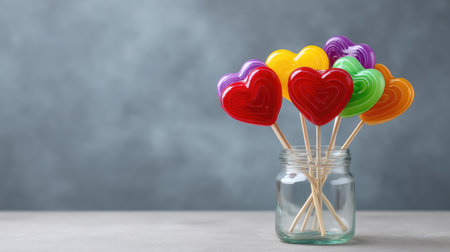 A charming display of vibrant heart-shaped lollipops in a glass jar, set against a soft gray background, ideal for children's parties and sweet celebrations.の素材