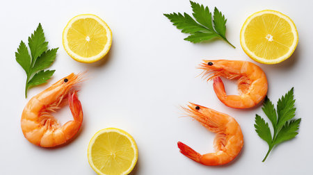 This vibrant image showcases fresh shrimp alongside lemon slices and green herbs, perfect for cooking, culinary arts, and seafood presentations. Ideal for food-related visuals.の素材