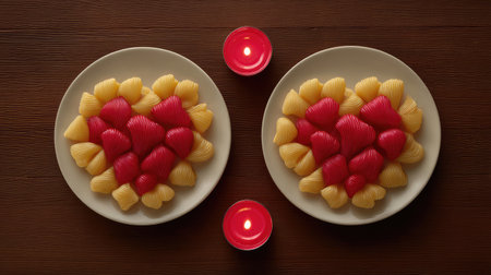 A romantic dinner scene featuring heart-shaped pasta arranged on two plates, enhanced by red candles, ideal for intimate celebrations and special occasions.の素材