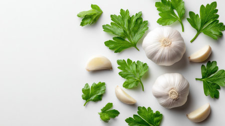 Fresh garlic bulbs with cloves and vibrant parsley leaves arranged on a white background, ideal for culinary themes, recipes, and healthy cooking concepts.の素材