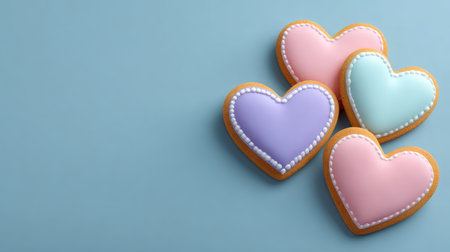 A charming arrangement of heart-shaped cookies in pastel colors on a soft blue background, ideal for decorations, parties, or sweet treats that radiate joy and creativity.の素材