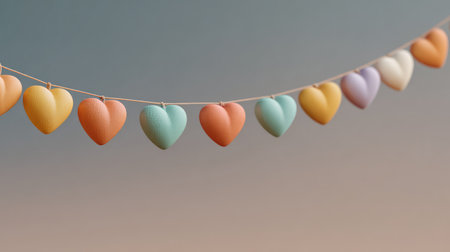 A charming arrangement of pastel-colored heart-shaped decorations strung together, creating a delightful atmosphere perfect for celebrations, events, and special moments.の素材