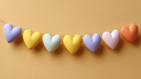 A charming arrangement of colorful heart-shaped decorations hanging on a string, set against a warm yellow backdrop, perfect for enhancing romantic or festive occasions.の素材