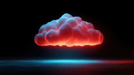 Digital cloud illustration represents modern technology with glowing red and blue hues, ideal for concepts related to data storage, computing, and innovation.の素材