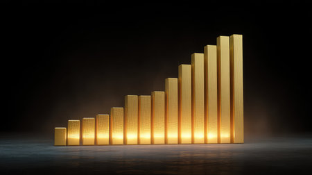 A visually captivating composition of gold bars arranged in increasing order, representing financial growth and success against a dark backdrop, ideal for investment concepts.の素材