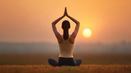 A young woman practices yoga in a peaceful field during sunrise, embracing tranquility and mindfulness while basking in the warm golden light of the new day.の素材
