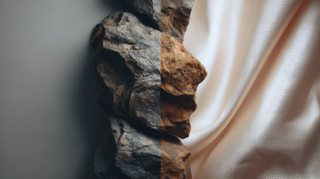 This image beautifully juxtaposes rugged stone with soft fabric, highlighting the harmony between natural and man-made materials suitable for design and artistic projects.の素材