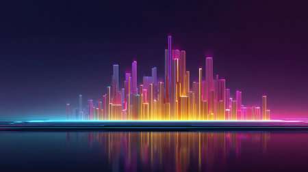 Colorful and vibrant digital landscape featuring neon structures that reflect on a calm water surface, creating a mesmerizing night atmosphere and modern aesthetic.の素材
