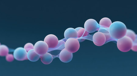 Explore the beauty of molecular structures in this abstract artwork, featuring vibrant spheres and flowing connections, perfect for creative and scientific projects.の素材