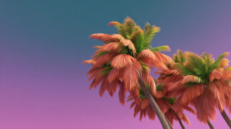Experience the essence of tropical paradise with vibrant palm trees against a stunning gradient sky. Perfect for summer-themed designs and refreshing visuals.の素材
