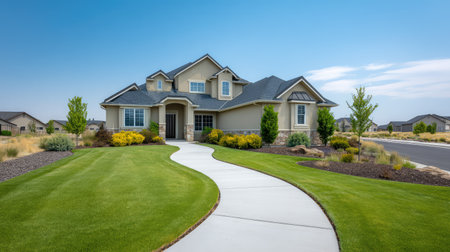 A stunning suburban house surrounded by meticulously landscaped gardens, featuring a charming pathway and modern architecture under a clear blue sky.の素材
