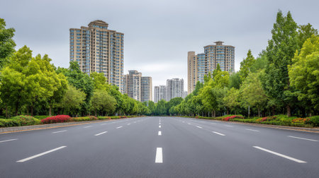 A captivating view of an empty urban roadway lined with vibrant green trees and modern skyscrapers, showcasing the harmony between nature and city life.の素材