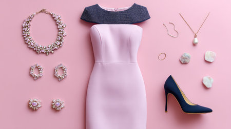 Showcase a stylish pink dress complemented by elegant accessories such as jewelry and heels, ideal for fashion photography and styling inspiration on a pastel background.の素材