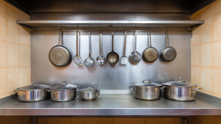 A sleek, modern kitchen scene featuring stainless steel pots and pans neatly organized on a metal rack, showcasing a clean and efficient workspace for culinary activities.の素材