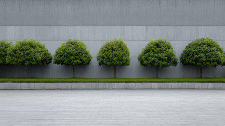 A minimalist urban scene showcasing a row of symmetrical green trees against a sleek gray wall, perfect for themes of serenity, nature, and modern design.の素材